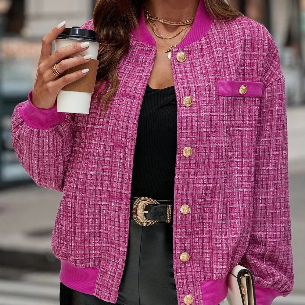 Pink Preppy Womens Plaid Pattern Drop Shoulder Tweed Overcoat - Picture 2 of 5